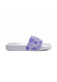 Chancleta de slide con estampado floral morado, con una correa ancha y suela blanca. Presenta una textura suave y un diseño ligero para mayor comodidad.