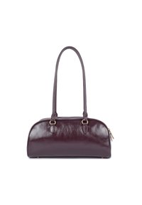Borsa in pelle di un elegante burgundy scuro, forma ovale, con due manici lunghi, chiusura con zip e una leggera lucentezza. Accenti in hardware color oro.