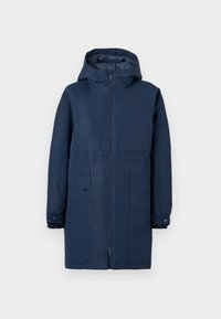 Parka impermeabile blu navy con cappuccio, zip lunga, due tasche frontali e polsini a costine per un calore aggiuntivo. Texture liscia.