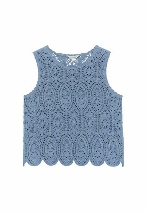 Blaues gehäkeltes Tanktop mit floralen und ovalen Ausschnitten, gewelltem Saum und rundem Halsausschnitt mit strukturierter Oberfläche.