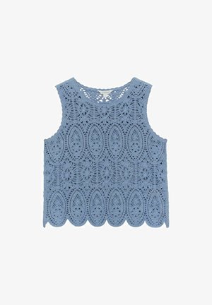 Blaues gehäkeltes Tanktop mit floralen und ovalen Ausschnitten, gewelltem Saum und rundem Halsausschnitt mit strukturierter Oberfläche.