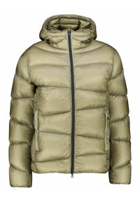 Giacca puffer verde oliva con cappuccio, dotata di chiusura con zip, design trapuntato e tessuto testurizzato. Stile minimalista, senza accenti visibili.