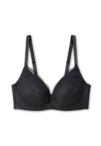 Soutien-gorge en dentelle noire avec des bonnets triangulaires, des bretelles ajustables et des bordures festonnées sur le haut. Doublure lisse pour le confort.