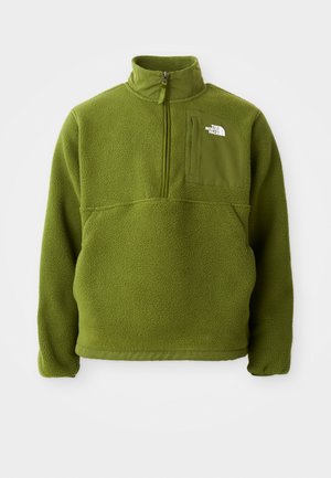 Grüner Fleece-Pullover mit hohem Kragen, halbem Reißverschluss auf der Vorderseite und einer Brusttasche. Weiche Textur mit einem auffälligen Logo auf der oberen linken Seite.