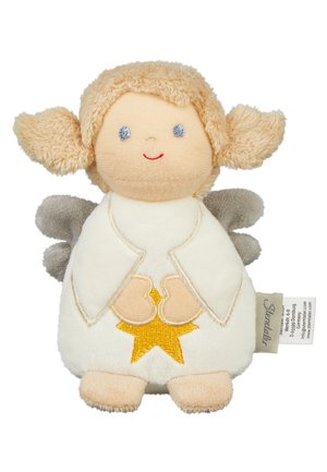 Plush angel doll with beige curly hair, embroidered blue eyes, red smile, gray wings, white robe, and a yellow star on the front.