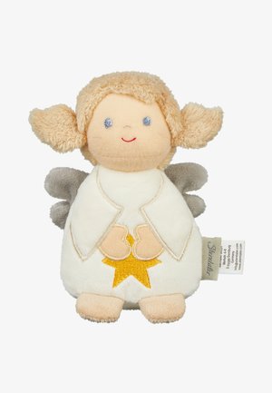 Plush angel doll with beige curly hair, embroidered blue eyes, red smile, gray wings, white robe, and a yellow star on the front.