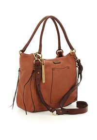 Borsa in pelle marrone con doppio manico, tasca frontale, tracolla regolabile e etichetta dorata "Made in Italy".