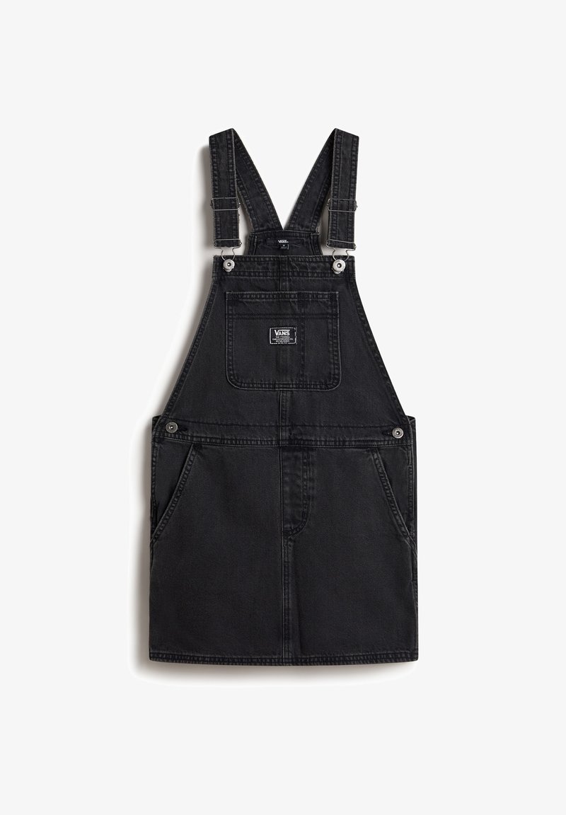 Schwarzes Denim-Latzkleid mit verstellbaren Trägern, Fronttaschen, Logoetikett auf dem Latz und geradem Schnitt.