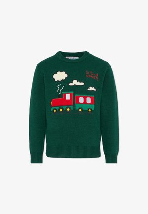 Maglione verde a maglia con un applique di un treno rosso e verde con ruote gialle, insieme a soffici nuvole bianche.
