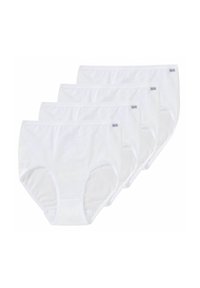 Five pairs of white cotton briefs with a soft texture and elastic waistband, featuring a small logo tag on the front.