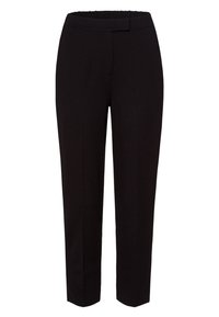 Pantalons noirs en tissu lisse, avec des jambes fuselées, une taille élastique et un pli frontal pour un look ajusté.