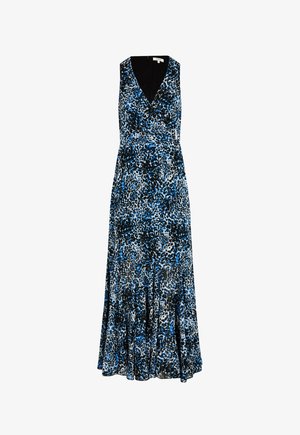 Abito maxi senza maniche in stampa leopardata nera e blu; scollatura a V, design incrociato, tessuto testurizzato, orlo svasato e fibbia argentata.