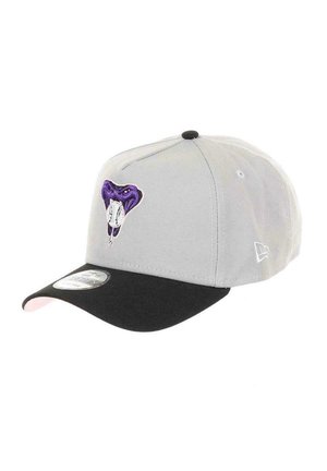 Gray cap with a black brim, featuring a purple snake design on the front. Made of fabric with an adjustable strap at the back.