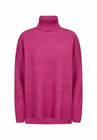 Pull à col roulé fuchsia avec une coupe décontractée, des poignets et un ourlet côtelés. Texture douce et motif tricot légèrement épais sur le tissu.