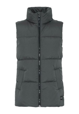 Donkergrijze puffervest met hoge kraag, rits aan de voorkant en twee zijzakken. Voorzien van een gestikte design en een merketiket aan de onderkant.