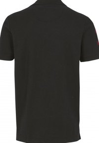 Polo noir à manches courtes avec col, vu de dos, avec un logo rouge sur la manche droite.