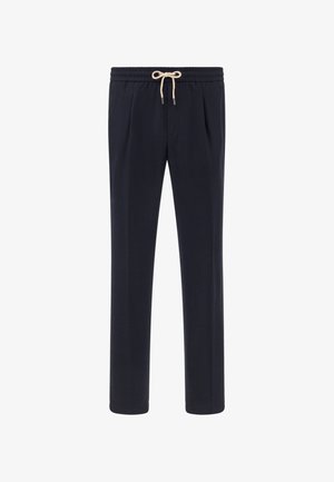 Navy blue pants with an elastic waistband and drawstring. Features two front pleats and a smooth, soft texture.