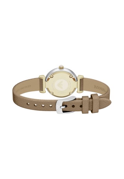 Round watch featuring a silver stainless steel case and a beige genuine leather strap. Back displays gold-tone accents and brand engraving.