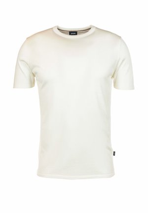 Schlichtes weißes T-Shirt mit kurzen Ärmeln und Rundhalsausschnitt, mit einem kleinen schwarzen Markenetikett am Kragen und an der Seitennaht.