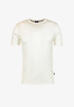 Schlichtes weißes T-Shirt mit kurzen Ärmeln und Rundhalsausschnitt, mit einem kleinen schwarzen Markenetikett am Kragen und an der Seitennaht.