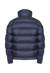 Doudoune bleu marine foncé, avec un motif matelassé, un col montant et des poignets élastiques. Texture lisse et brillante sans aucune marque visible.