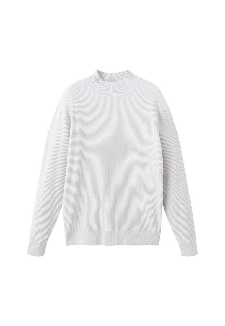 White ribbed turtleneck sweater with long sleeves, relaxed fit, and a textured surface. Horizontal ribbed pattern and straight hemline.