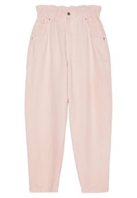 Ljust rosa, högmidjade byxor med elastisk midja, två frontfickor och en avslappnad passform. Tillverkad av mjukt bomullsmaterial.