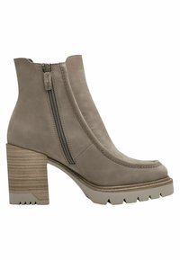 Bottines en cuir gris à bout rond, avec des zips latéraux et un talon en bois épais et rayé. Semelle texturée avec adhérence.