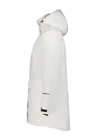 Valkoinen hupullinen talvitakki, jossa on edessä vetoketju, säädettävät hihnakuoret ja brändilogo vasemmassa hihassa, esitetty sivulta.