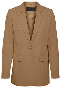 Ruskea bleiseri, joka on valmistettu pehmeästä kankaasta, jossa on yksittäinen napitus, kaksi etutaskua ja viistetty kauluskdesign.