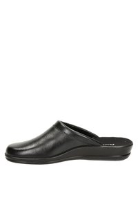 Svarta läderklackar med rundade tår, mjukt material och en låg kilklack med en slät sula för komfort och stabilitet.