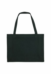Borsa a spalla nera in tela con due lunghe maniglie, forma rettangolare, cuciture a punto e senza motivi o decorazioni visibili.