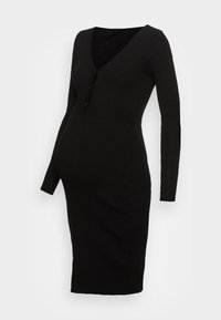 Abito premaman nero a coste con maniche lunghe, scollatura a V, dettagli con bottoni e lunghezza midi. Realizzato in un materiale testurizzato e elasticizzato.