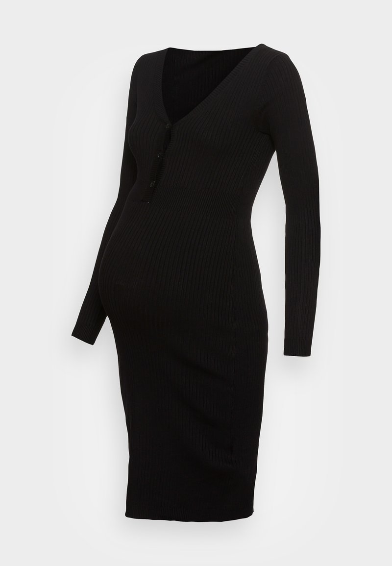 Abito premaman nero a coste con maniche lunghe, scollatura a V, dettagli con bottoni e lunghezza midi. Realizzato in un materiale testurizzato e elasticizzato.