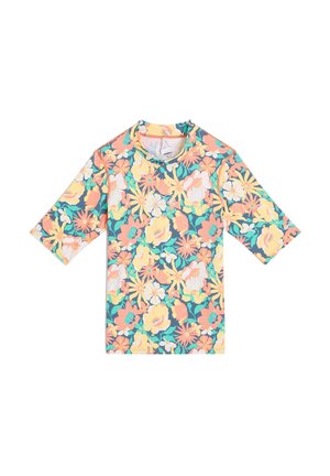 Rash guard kukka, jossa on monivärinen kuvio, jossa on vaaleanpunaisia, keltaisia ja vihreitä kukkia tummalla taustalla, lyhyet hihat ja pyöreä pääntie.