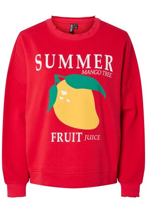 Rød genser med et stort gult mango-grafikk med grønne blader, og hvit tekst som sier "SOMMER MANGO TRE FRUKT JUICE."
