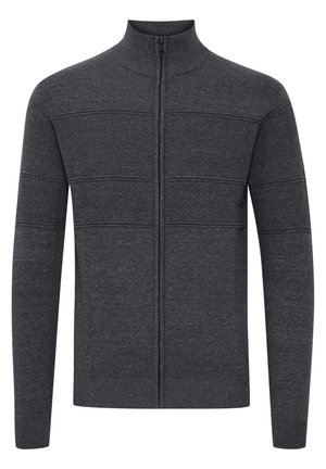 Dark gray zip-up sweater with a high collar, featuring textured horizontal panels and ribbed cuffs and hem. Soft knit fabric.