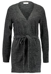 Mörkgrå långärmad stickad cardigan med V-ringning och knytbälte i midjan, märkt "VILA" på insidan av kragen.