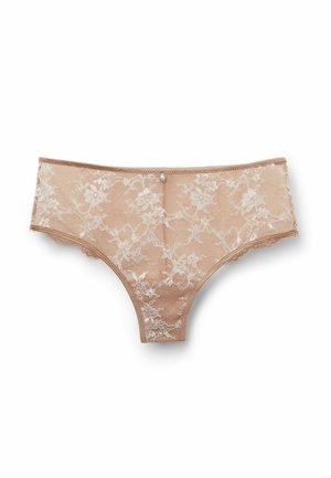 Culotte bikini en dentelle de couleur nude avec des motifs floraux, un bord festonné et un petit bouton décoratif à l'avant.