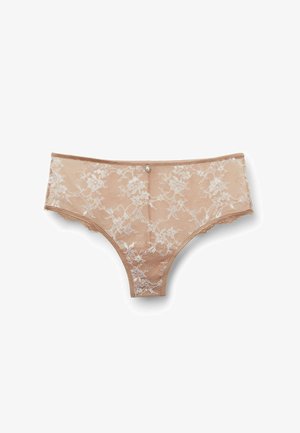 Krajkové bikiny kalhotky v barvě tělové s květinovými vzory, vroubkovaným okrajem a malým ozdobným knoflíkem vpředu.