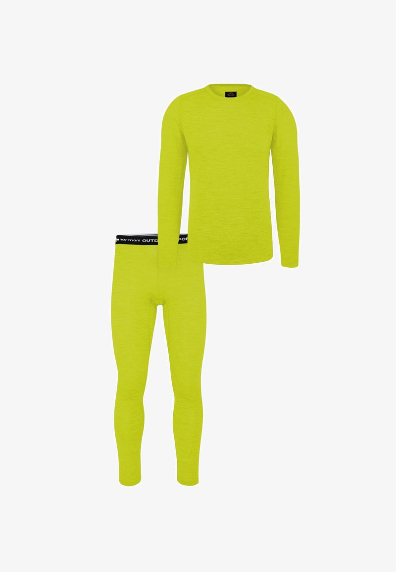 Gelbes langärmeliges Thermo-Top und passendes Leggings-Set mit schwarzem Taillenbund, beschriftet mit "outdoor sport", dargestellt auf weißem Hintergrund.