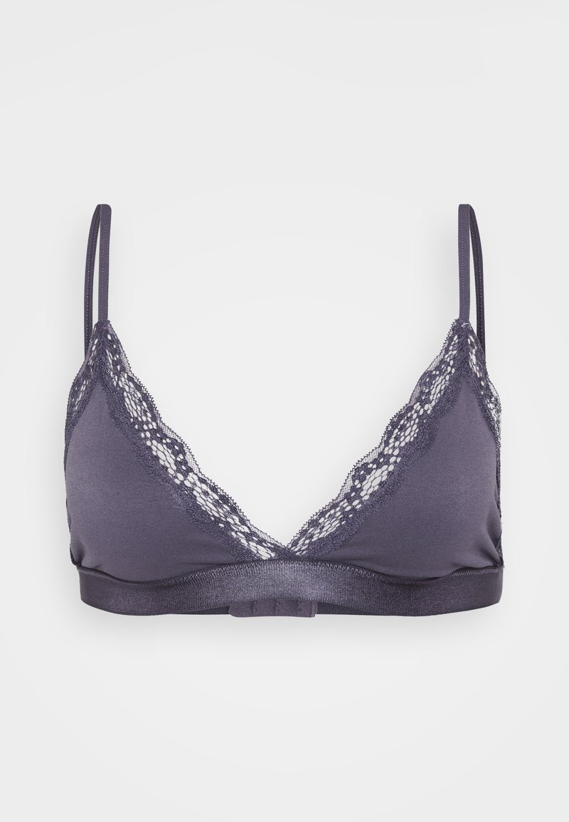 Brassière sans fil en tissu gris foncé avec des bordures en dentelle, bretelles ajustables et une large bande sous la poitrine pour un soutien optimal.