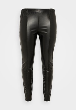 Black faux leather leggings featuring a smooth finish, slim fit, and an elastic waistband. Seams run down the front for added detail.