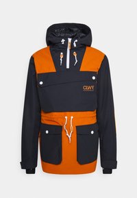 Black and orange anorak jacket featuring a hood, adjustable drawstring waist, two front pockets, and a zippered entrance.