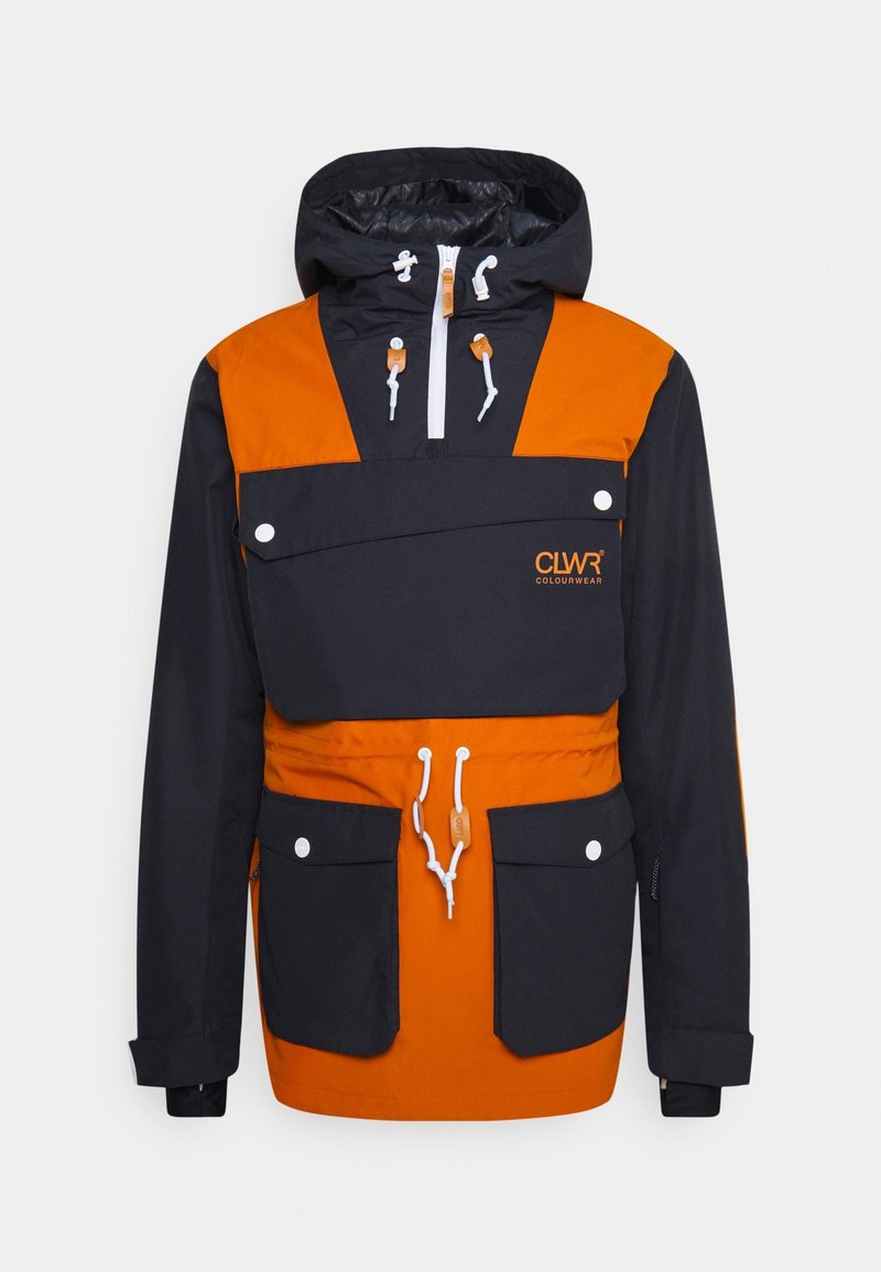 Black and orange anorak jacket featuring a hood, adjustable drawstring waist, two front pockets, and a zippered entrance.