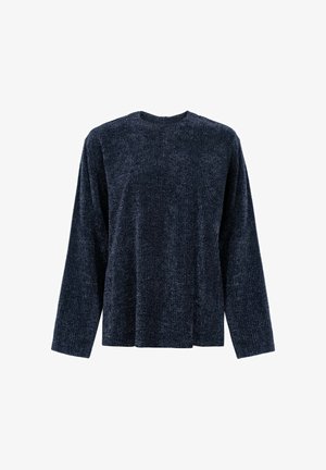 Granatowa bluzka z długim rękawem, wykonana z teksturowanej dzianiny; ma okrągły dekolt i luźny fason, z lekko skróconą długością.