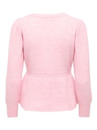 Soft pink long-sleeve sweater with ribbed waistband and cuffs, featuring slight puff shoulders and a round neckline.