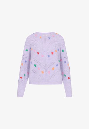 Lilac sweater with a round neck, textured knit, and embroidered multi-color hearts throughout. Features ribbed cuffs and hem.