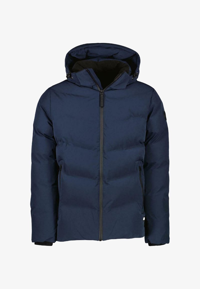 Marineblauwe pufferjack met een rits aan de voorkant, een aangesloten capuchon en twee zijzakken; heeft een licht glanzende, textuurstof.