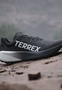Scarpa da trail running Terrex nera e grigia con logo bianco su terreno roccioso, vista laterale e dettaglio della texture della suola.